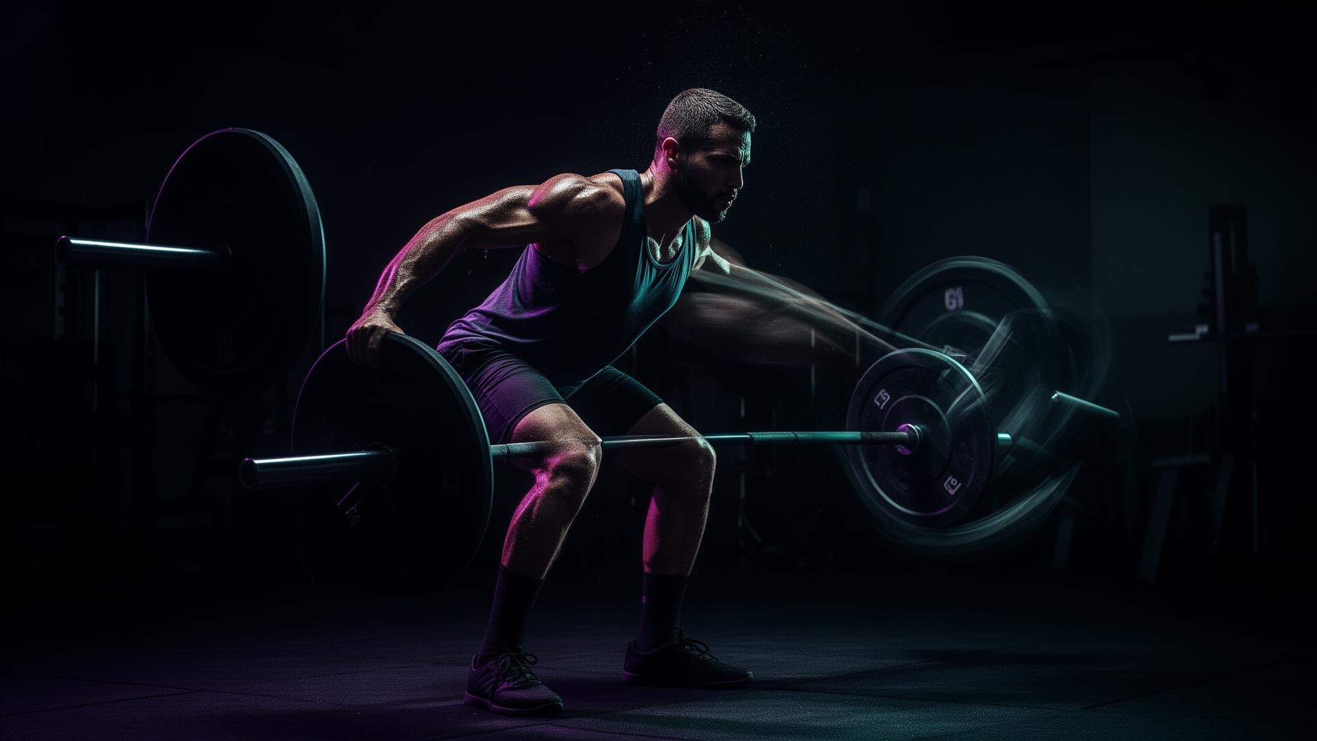 Athlete performing a deadlift in a dimly lit gym